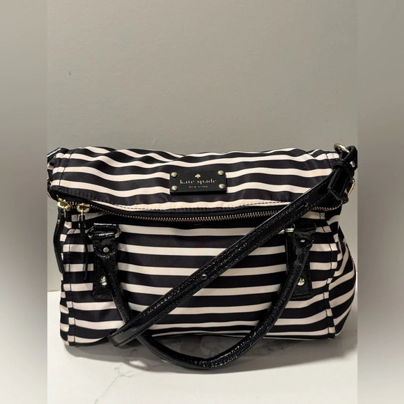 Kate Spade Striped Nylon Leslie Black and White Satchel - Picture 2 of 15